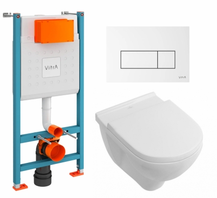 Комплект 3 в 1 инсталляция VitrA V-Fix Core + Унитаз подвесной Villeroy & Boch O Novo + кнопка белая глянцевая