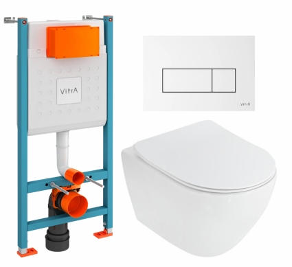 Комплект 3 в 1 инсталляция VitrA V-Fix Core + Унитаз подвесной Cezares Stylus CZR-513-TH-R + кнопка белая глянцевая