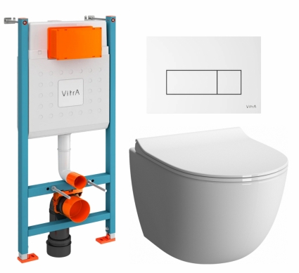 Комплект 3 в 1 инсталляция VitrA V-Fix Core + Унитаз подвесной VitrA Sento 7748В003-0075 + кнопка белая глянцевая