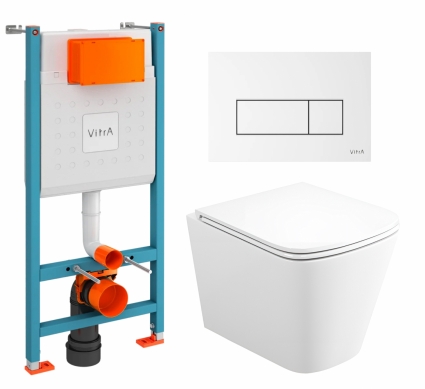 Комплект 3 в 1 инсталляция VitrA V-Fix Core + Унитаз подвесной Enio Binario Tornado 1.0 EN4180237 + кнопка белая глянцевая