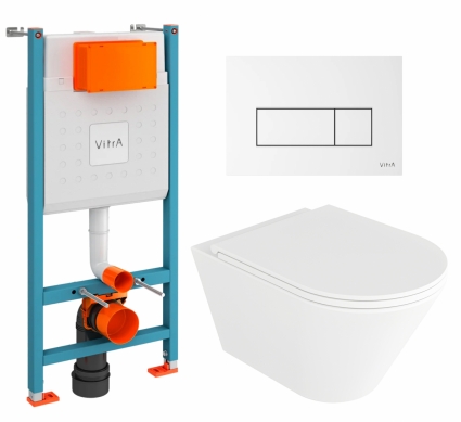 Комплект 3 в 1 инсталляция VitrA V-Fix Core + Унитаз подвесной Enio Cento EN4280110 + кнопка белая глянцевая