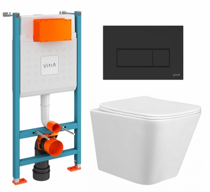 Комплект 3 в 1 инсталляция VitrA V-Fix Core + Унитаз подвесной Taliente Correto CR25200 + кнопка черная матовая