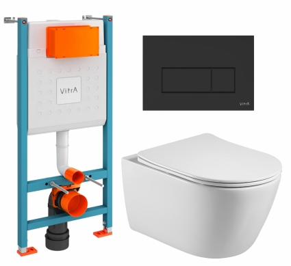 Комплект 3 в 1 инсталляция VitrA V-Fix Core + Унитаз подвесной Акватек Вега AQ1905-00 + кнопка черная матовая