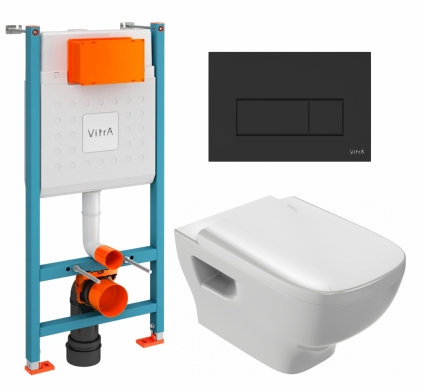 Комплект 3 в 1 инсталляция VitrA V-Fix Core + Унитаз подвесной Jacob Delafon Struktura EDE102-00 + кнопка черная матовая