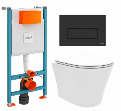 Комплект 3 в 1 инсталляция VitrA V-Fix Core + Унитаз подвесной Enio Neo EN5370588 + кнопка черная матовая