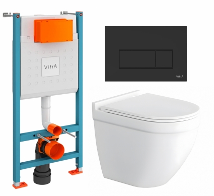 Комплект 3 в 1 инсталляция VitrA V-Fix Core + Унитаз подвесной Enio Pulito EN1170052 + кнопка черная матовая