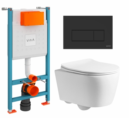Комплект 3 в 1 инсталляция VitrA V-Fix Core + Унитаз подвесной CeruttiSpa Sella PP 9738 + кнопка черная матовая
