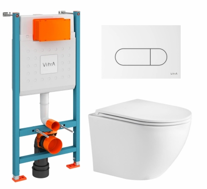 Комплект 3 в 1 инсталляция VitrA V-Fix Core + Подвесной унитаз WeltWasser Merzbach 043 GL-WT + кнопка белая глянцевая