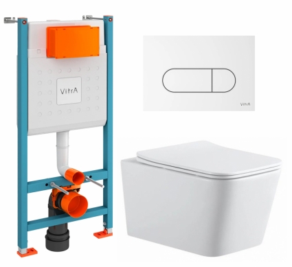 Комплект 3 в 1 инсталляция VitrA V-Fix Core + Подвесной унитаз SinteSi BALTI + кнопка белая глянцевая
