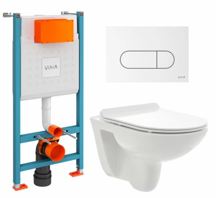 Комплект 3 в 1 инсталляция VitrA V-Fix Core + Унитаз подвесной AQUAme AQM2008 + кнопка белая глянцевая