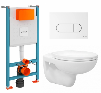 Комплект 3 в 1 инсталляция VitrA V-Fix Core + Унитаз подвесной Enio Ekos EN0170571 + кнопка белая глянцевая
