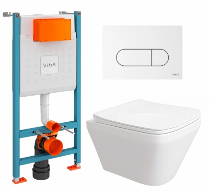 Комплект 3 в 1 инсталляция VitrA V-Fix Core + Унитаз подвесной Enio Vicino EN9170544 + кнопка белая глянцевая