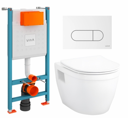 Комплект 3 в 1 инсталляция VitrA V-Fix Core + Унитаз подвесной Enio Bolo EN8350034 + кнопка белая глянцевая