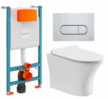 Комплект 3 в 1 инсталляция VitrA V-Fix Core + Подвесной безободковый унитаз CeruttiSpa Bernina aria CT7191 + кнопка хром матовая