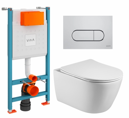 Комплект 3 в 1 инсталляция VitrA V-Fix Core + Унитаз подвесной Акватек Вега AQ1905-00 + кнопка хром матовая