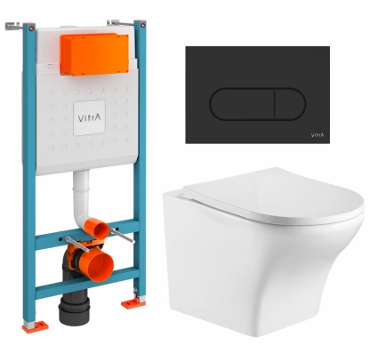 Комплект 3 в 1 инсталляция VitrA V-Fix Core + Подвесной унитаз WeltWasser Odenbach 004 GL-WT + кнопка черная матовая