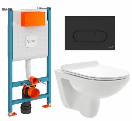 Комплект 3 в 1 инсталляция VitrA V-Fix Core + Унитаз подвесной AQUAme AQM2008 + кнопка черная матовая