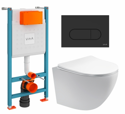 Комплект 3 в 1 инсталляция VitrA V-Fix Core + Унитаз подвесной Акватек Европа AQ1900-00 + кнопка черная матовая