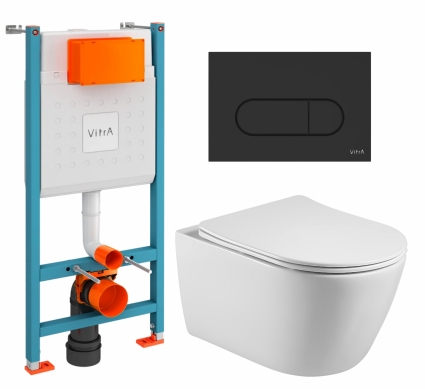 Комплект 3 в 1 инсталляция VitrA V-Fix Core + Унитаз подвесной Акватек Вега AQ1905-00 + кнопка черная матовая