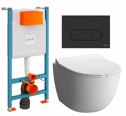 Комплект 3 в 1 инсталляция VitrA V-Fix Core + Унитаз подвесной VitrA Sento 7748В003-0075 + кнопка черная матовая
