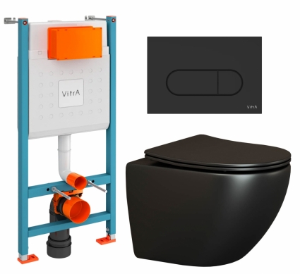 Комплект 3 в 1 инсталляция VitrA V-Fix Core + Унитаз подвесной Ceramica Nova Metropol CN4002MB + кнопка черная матовая