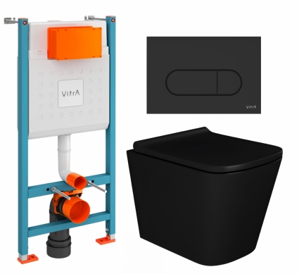Комплект 3 в 1 инсталляция VitrA V-Fix Core + Унитаз подвесной Enio Binario BL EN4180225 + кнопка черная матовая