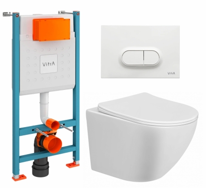 Комплект 3 в 1 инсталляция VitrA V-Fix Core + Унитаз подвесной Taliente Amato AM25010 + кнопка белая глянцевая