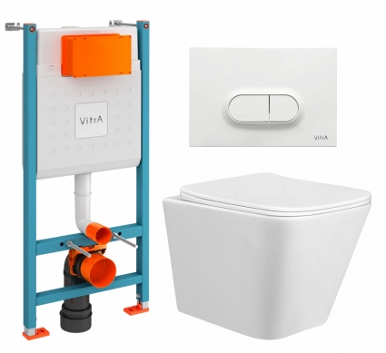 Комплект 3 в 1 инсталляция VitrA V-Fix Core + Унитаз подвесной Taliente Correto CR25200 + кнопка белая глянцевая
