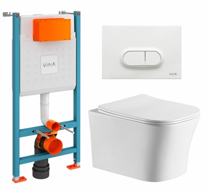 Комплект 3 в 1 инсталляция VitrA V-Fix Core + Подвесной унитаз CeruttiSpa Marmolada aria CT7778 + кнопка белая глянцевая