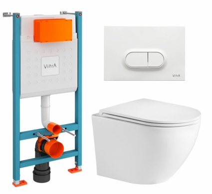 Комплект 3 в 1 инсталляция VitrA V-Fix Core + Подвесной унитаз WeltWasser Merzbach 043 GL-WT + кнопка белая глянцевая