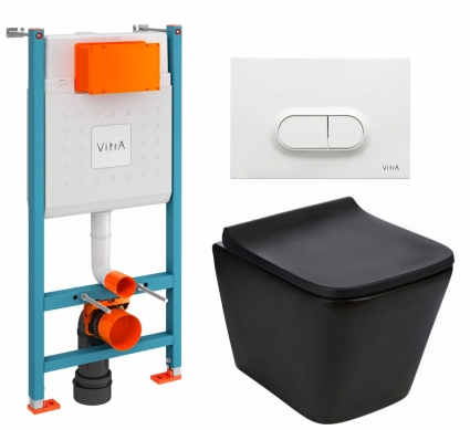 Комплект 3 в 1 инсталляция VitrA V-Fix Core + Подвесной унитаз WeltWasser Gelbach 043 MT-BL + кнопка белая глянцевая