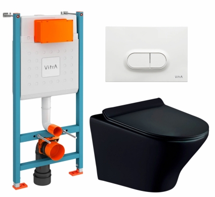 Комплект 3 в 1 инсталляция VitrA V-Fix Core + Унитаз подвесной Esbano Aster ESUPASTEBM + кнопка белая глянцевая