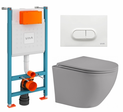 Комплект 3 в 1 инсталляция VitrA V-Fix Core + Унитаз подвесной Weltwasser WW Merzbach 043 MT-GR + кнопка белая глянцевая