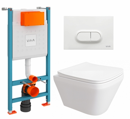 Комплект 3 в 1 инсталляция VitrA V-Fix Core + Унитаз подвесной Enio Vicino EN9170544 + кнопка белая глянцевая