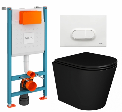 Комплект 3 в 1 инсталляция VitrA V-Fix Core +  Унитаз подвесной Enio Cento BL EN4280035 + кнопка белая глянцевая