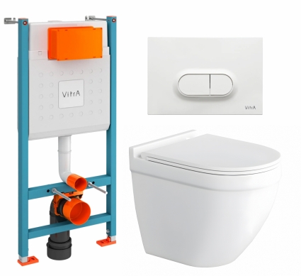 Комплект 3 в 1 инсталляция VitrA V-Fix Core + Унитаз подвесной Enio Pulito EN1170052 + кнопка белая глянцевая