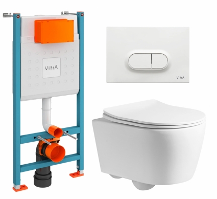 Комплект 3 в 1 инсталляция VitrA V-Fix Core + Унитаз подвесной CeruttiSpa Sella PP 9738 + кнопка белая глянцевая