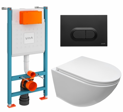 Комплект 3 в 1 инсталляция VitrA V-Fix Core + Подвесной безободковый унитаз CeruttiSpa Sella aria CT7183 + кнопка черная матовая