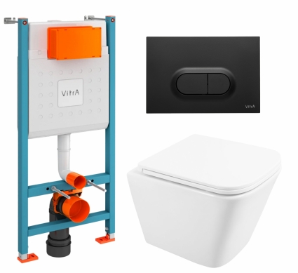 Комплект 3 в 1 инсталляция VitrA V-Fix Core + Унитаз подвесной BelBagno Due BB3103CHR/SC + кнопка черная матовая