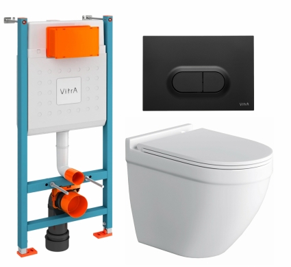 Комплект 3 в 1 инсталляция VitrA V-Fix Core + Унитаз подвесной Owl 1975 Cirkel-H + кнопка черная матовая