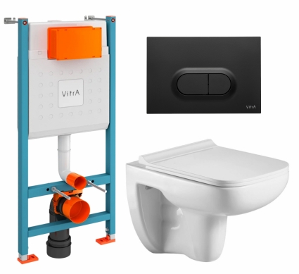 Комплект 3 в 1 инсталляция VitrA V-Fix Core + Подвесной унитаз WeltWasser Kehlbach 004 GL-WT + кнопка черная матовая