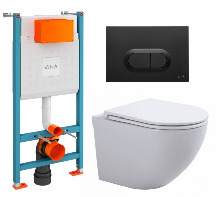 Комплект 3 в 1 инсталляция VitrA V-Fix Core + Подвесной унитаз SinteSi EVI + кнопка черная матовая
