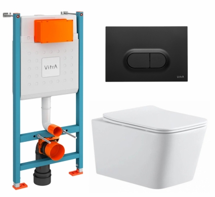Комплект 3 в 1 инсталляция VitrA V-Fix Core + Подвесной унитаз SinteSi BALTI + кнопка черная матовая