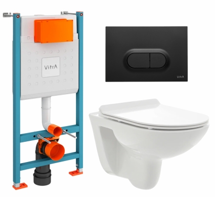 Комплект 3 в 1 инсталляция VitrA V-Fix Core + Унитаз подвесной AQUAme AQM2008 + кнопка черная матовая