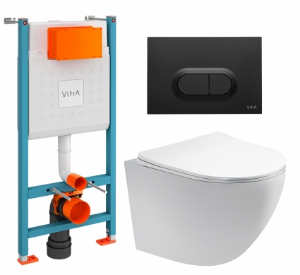 Комплект 3 в 1 инсталляция VitrA V-Fix Core + Унитаз подвесной Акватек Европа AQ1900-00 + кнопка черная матовая
