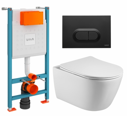 Комплект 3 в 1 инсталляция VitrA V-Fix Core + Унитаз подвесной Акватек Вега AQ1905-00 + кнопка черная матовая