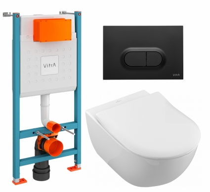 Комплект 3 в 1 инсталляция VitrA V-Fix Core + Унитаз подвесной Villeroy & Boch Subway 2.0 5614R201 + кнопка черная матовая