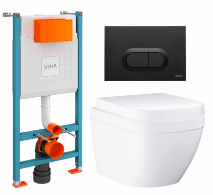 Комплект 3 в 1 инсталляция VitrA V-Fix Core +  Унитаз подвесной Grohe Euro Ceramic 39206000 + кнопка черная матовая