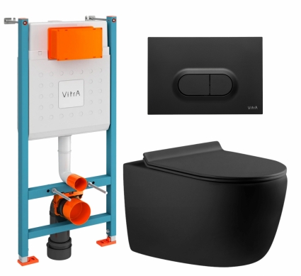 Комплект 3 в 1 инсталляция VitrA V-Fix Core + Унитаз подвесной Aquanet Cetus-BW 287008 + кнопка черная матовая