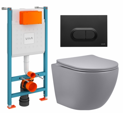 Комплект 3 в 1 инсталляция VitrA V-Fix Core + Унитаз подвесной Vincea Globo VT1-14SMG + кнопка черная матовая